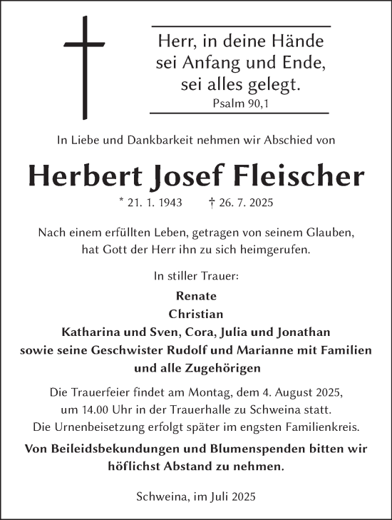 Traueranzeige von Herbert Fleischer von Südthüringer Presse