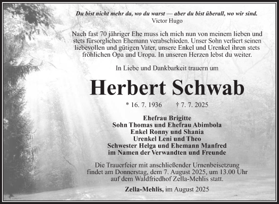 Traueranzeige von Herbert Schwab von Südthüringer Presse