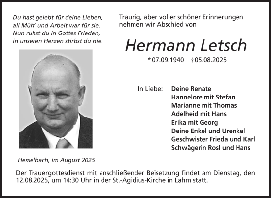 Traueranzeige von Hermann Letsch von Neue Presse Coburg