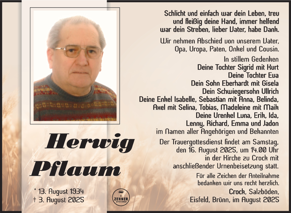  Traueranzeige für Herwig Pflaum vom 09.08.2025 aus Südthüringer Presse