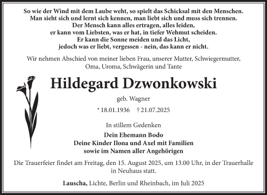 Traueranzeige von Hildegard Dzwonkowski von Südthüringer Presse