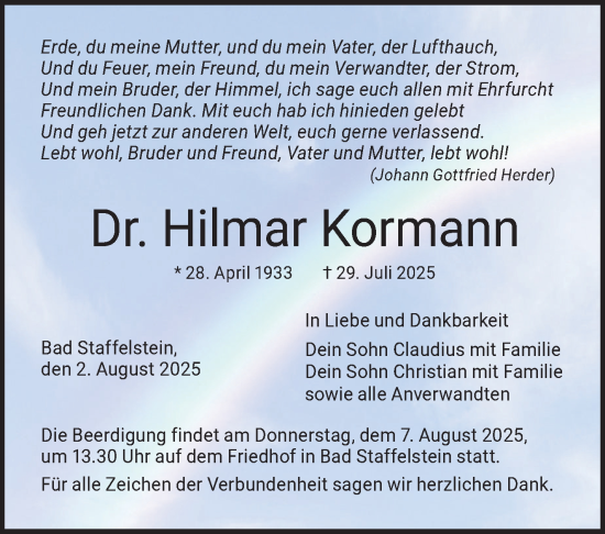 Traueranzeige von Hilmar Kormann von Neue Presse Coburg