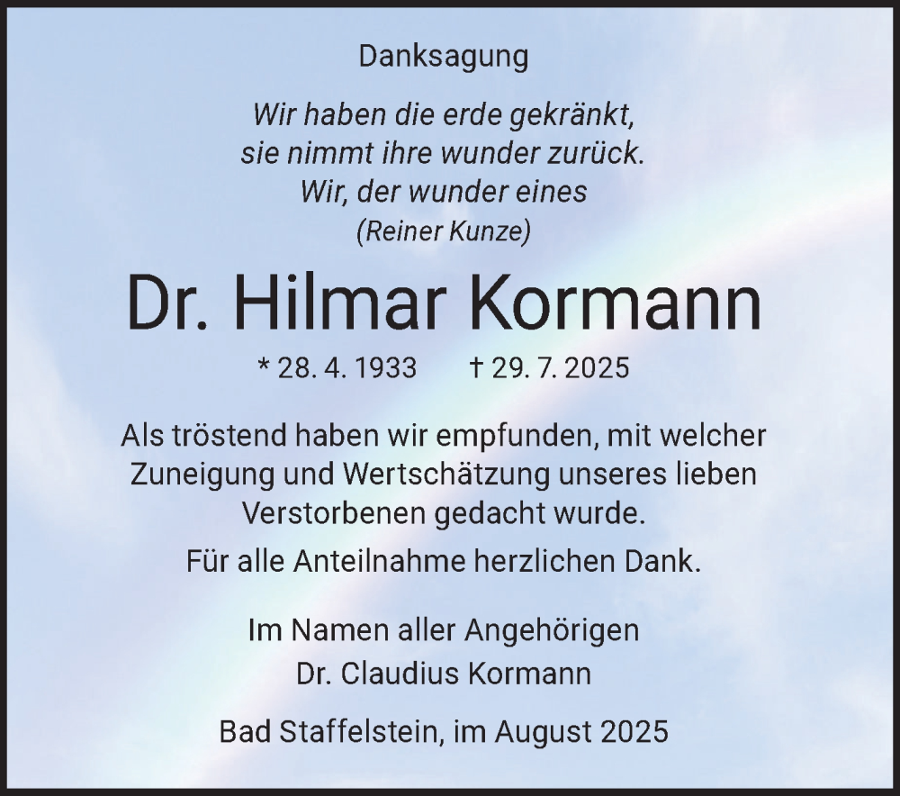  Traueranzeige für Hilmar Kormann vom 23.08.2025 aus Neue Presse Coburg