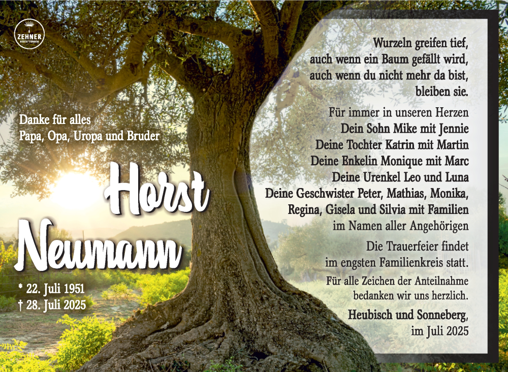  Traueranzeige für Horst Neumann vom 09.08.2025 aus Südthüringer Presse