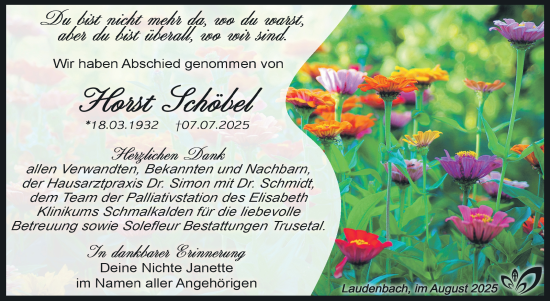 Traueranzeige von Horst Schöbel von Südthüringer Presse