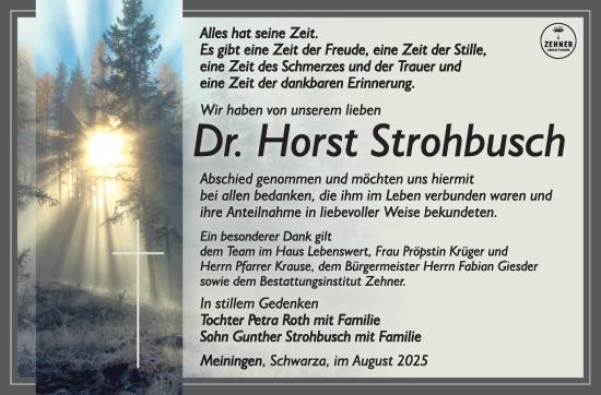 Traueranzeige von Horst Strohbusch von Südthüringer Presse