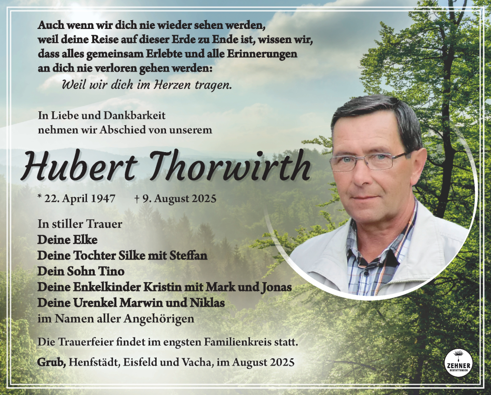  Traueranzeige für Hubert Thorwirth vom 16.08.2025 aus Südthüringer Presse