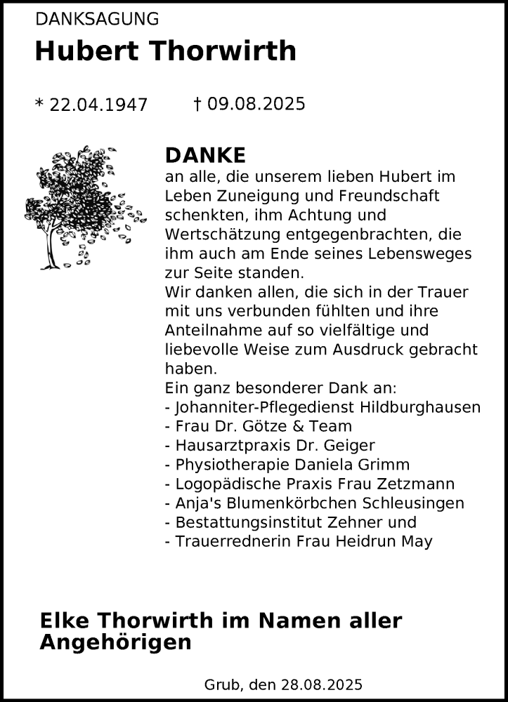  Traueranzeige für Hubert Thorwirth vom 30.08.2025 aus Südthüringer Presse