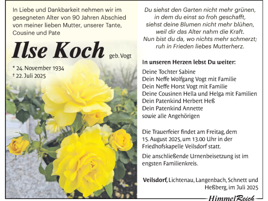 Traueranzeige von Ilse Koch von Südthüringer Presse