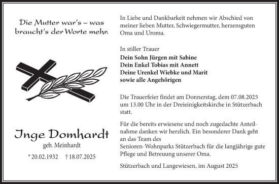Traueranzeige von Inge Domhardt von Südthüringer Presse