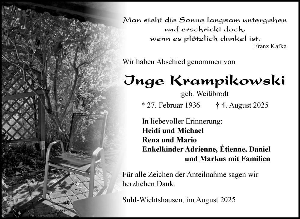  Traueranzeige für Inge Krampikowski vom 09.08.2025 aus Südthüringer Presse