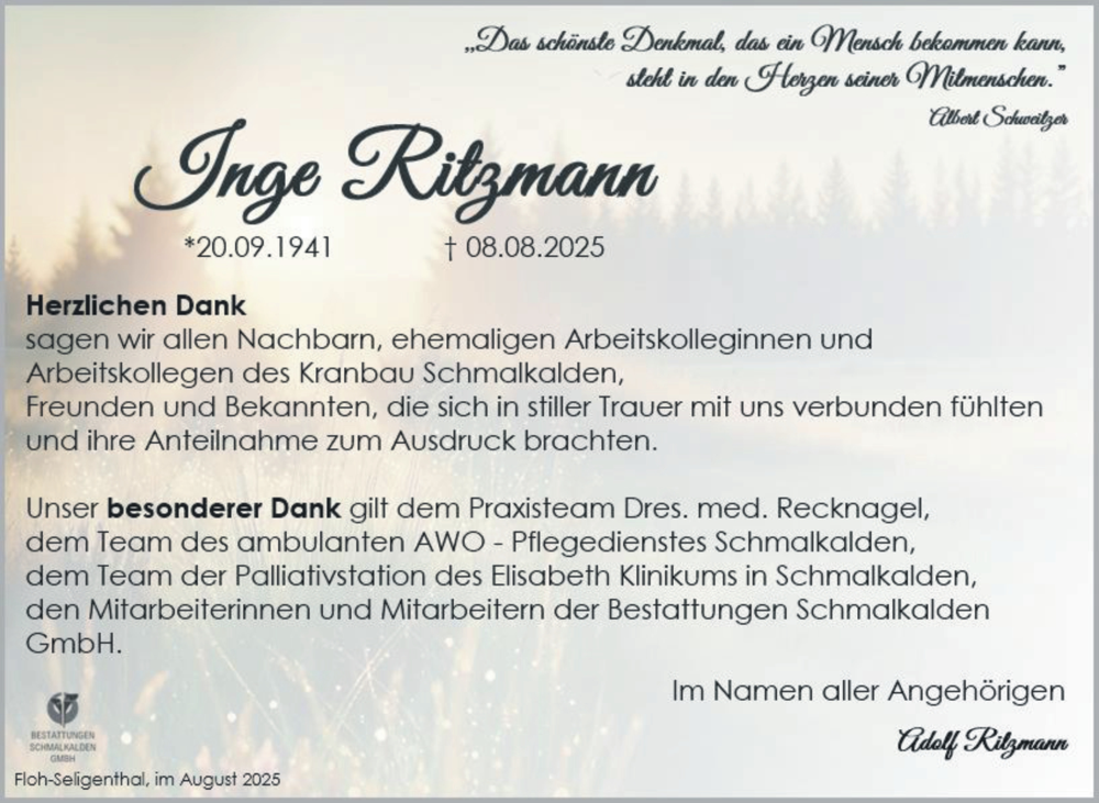  Traueranzeige für Inge Ritzmann vom 30.08.2025 aus Südthüringer Presse