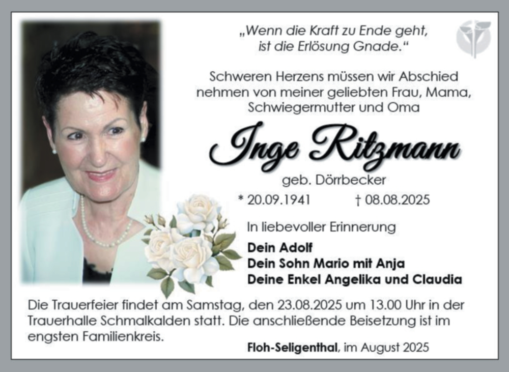  Traueranzeige für Inge Ritzmann vom 16.08.2025 aus Südthüringer Presse