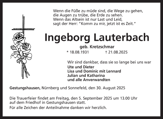 Traueranzeige von Ingeborg Lauterbach von Neue Presse Coburg