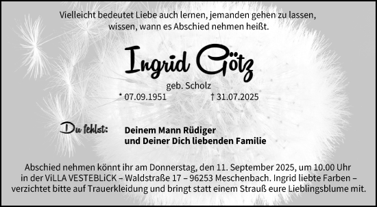 Traueranzeige von Ingrid Götz von Neue Presse Coburg