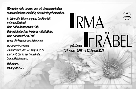 Traueranzeige von Irma Fräbel von Südthüringer Presse