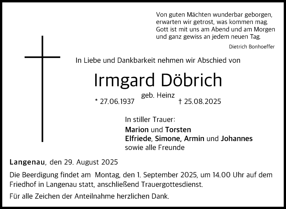  Traueranzeige für Irmgard Döbrich vom 29.08.2025 aus Neue Presse Coburg