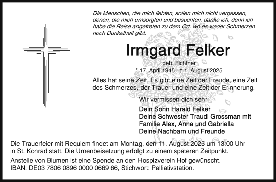 Traueranzeige von Irmgard Felker von Frankenpost