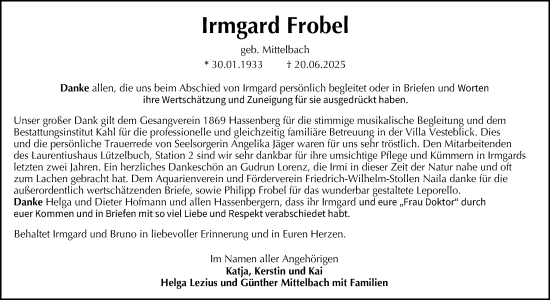 Traueranzeige von Irmgard Frobel von Neue Presse Coburg