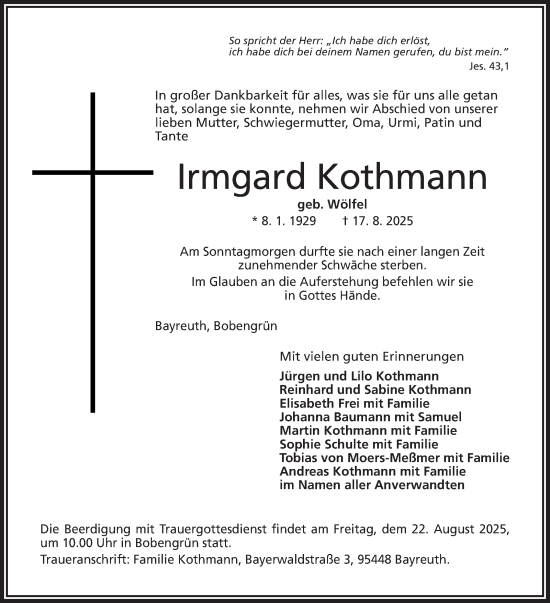 Traueranzeige von Irmgard Kothmann von Frankenpost