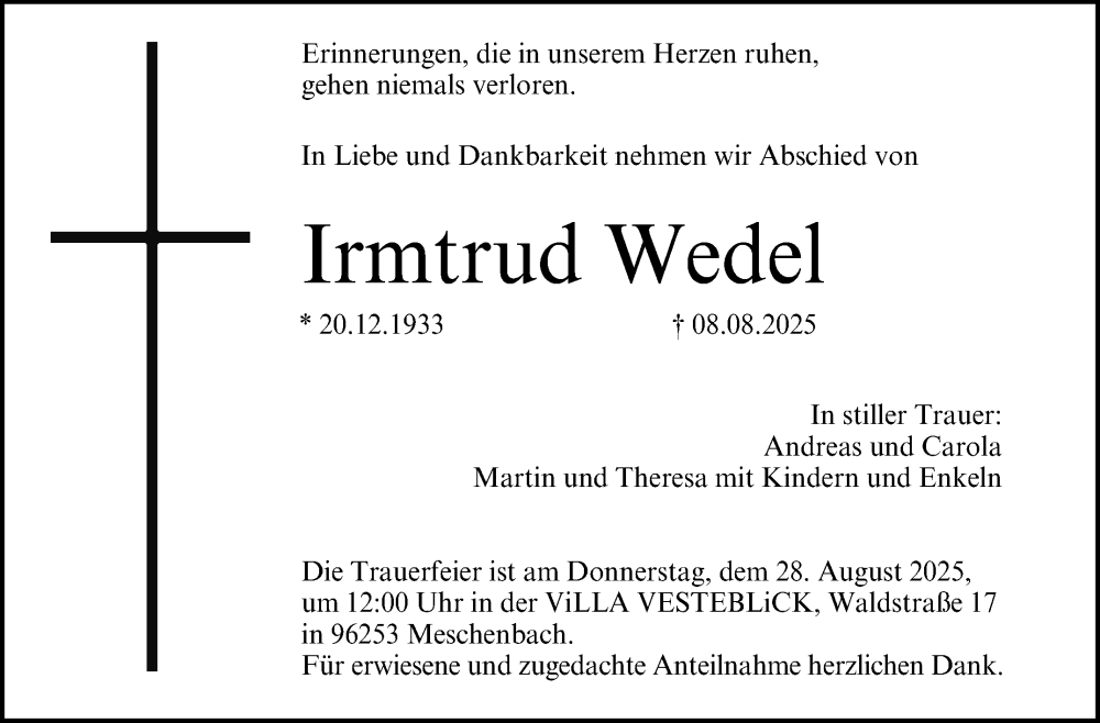  Traueranzeige für Irmtrud Wedel vom 26.08.2025 aus Neue Presse Coburg