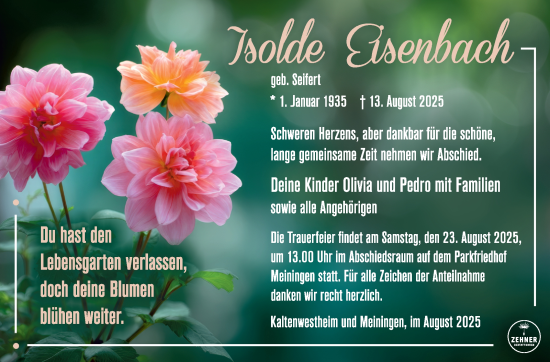 Traueranzeige von Isolde Eisenbach von Südthüringer Presse