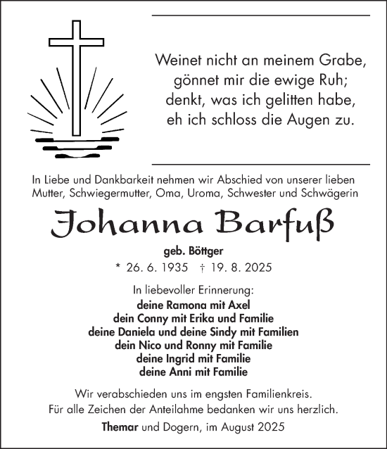 Traueranzeige von Johanna Barfuß von Südthüringer Presse