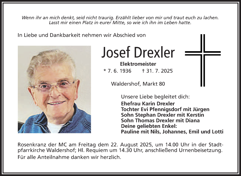  Traueranzeige für Josef Drexler vom 16.08.2025 aus Frankenpost