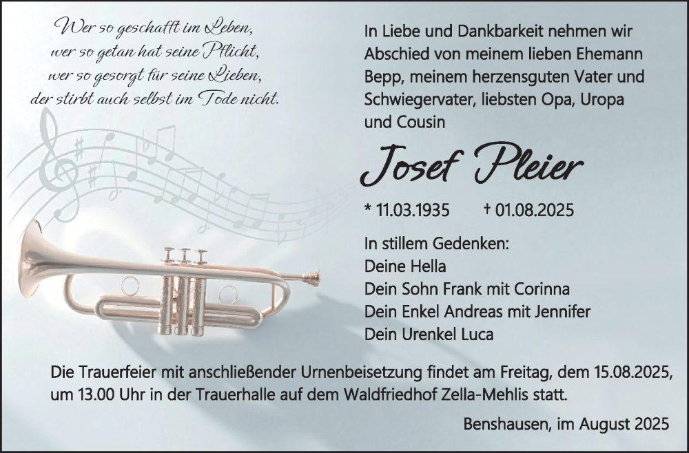  Traueranzeige für Josef Pleier vom 09.08.2025 aus Südthüringer Presse