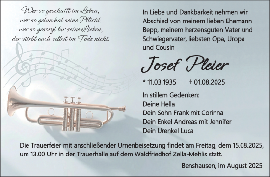 Traueranzeige von Josef Pleier von Südthüringer Presse