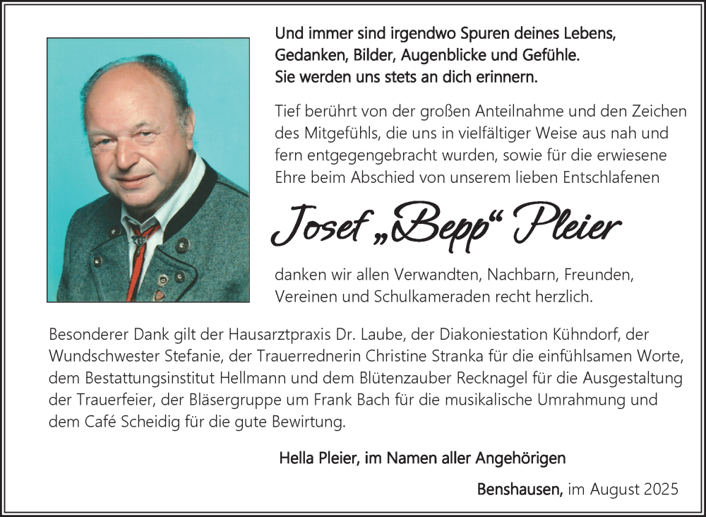  Traueranzeige für Josef Pleier vom 30.08.2025 aus Südthüringer Presse