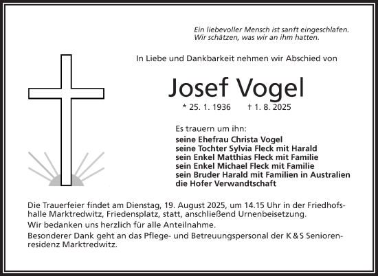 Traueranzeige von Josef Vogel von Frankenpost