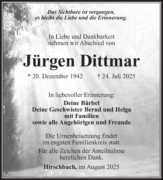 Traueranzeige von Jürgen Dittmar von Südthüringer Presse