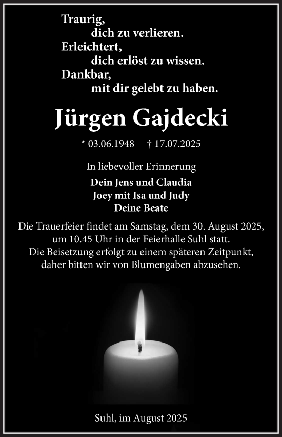 Traueranzeige von Jürgen Gajdecki von Südthüringer Presse