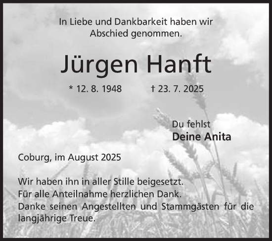 Traueranzeige von Jürgen Hanft von Südthüringer Presse
