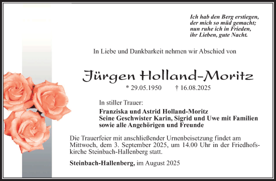 Traueranzeige von Jürgen Holland-Moritz von Südthüringer Presse