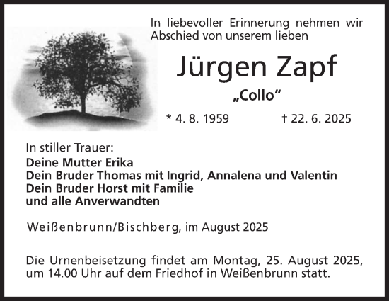 Traueranzeige von Jürgen Zapf von Neue Presse Coburg