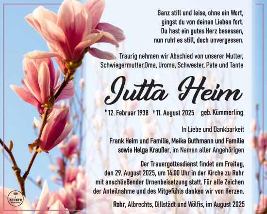 Traueranzeige von Jutta Heim von Südthüringer Presse