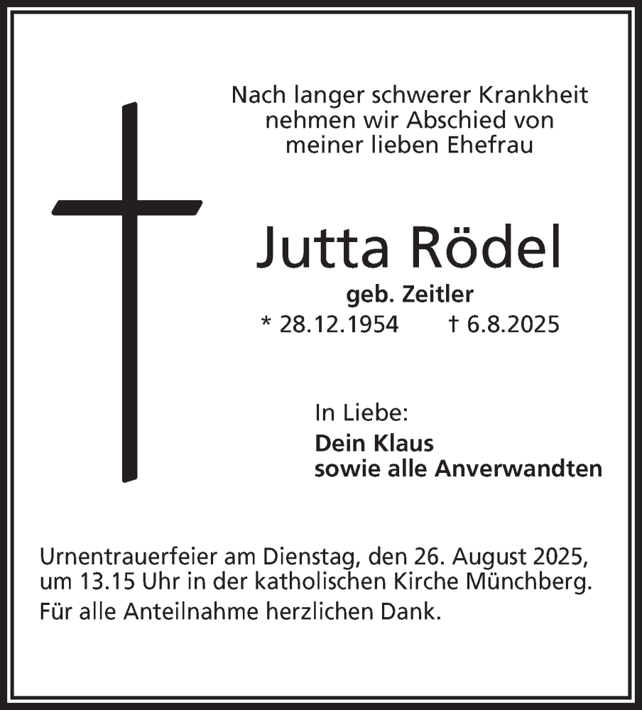 Traueranzeige für Jutta Rödel vom 23.08.2025 aus Frankenpost