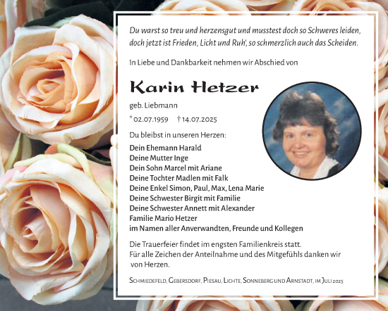 Traueranzeige von Karin Hetzer von Südthüringer Presse