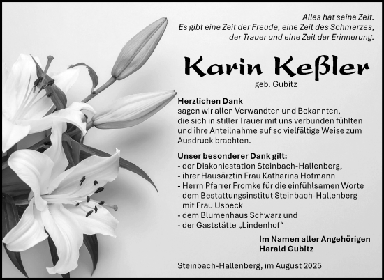 Traueranzeige von Karin Keßler von Südthüringer Presse