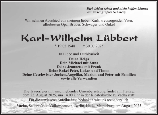 Traueranzeige von Karl-Wilhelm Lübbert von Südthüringer Presse