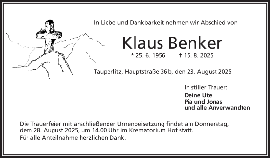Traueranzeige von Klaus Benker von Frankenpost