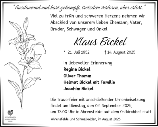 Traueranzeige von Klaus Bickel von Südthüringer Presse