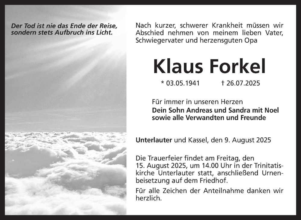  Traueranzeige für Klaus Forkel vom 09.08.2025 aus Neue Presse Coburg