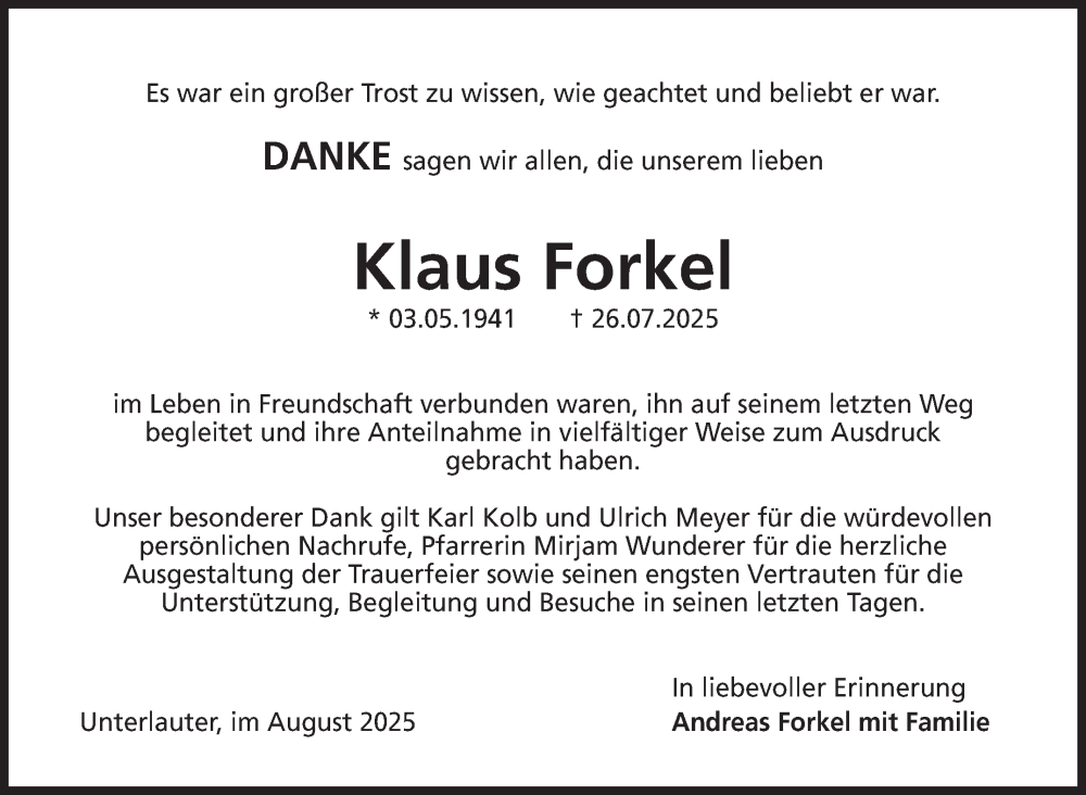  Traueranzeige für Klaus Forkel vom 30.08.2025 aus Neue Presse Coburg