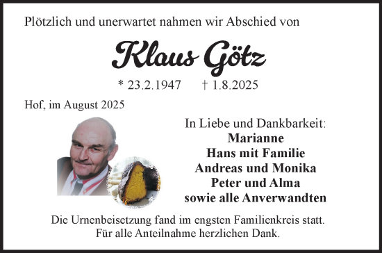 Traueranzeige von Klaus Götz von Frankenpost