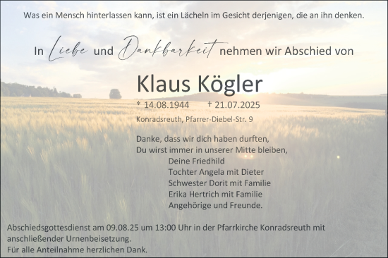 Traueranzeige von Klaus Kögler von Frankenpost