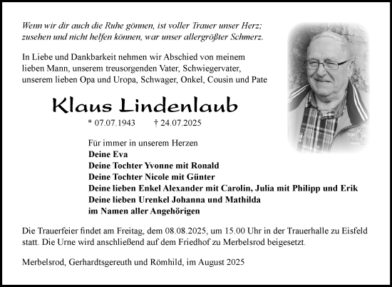 Traueranzeige von Klaus Lindenlaub von Südthüringer Presse