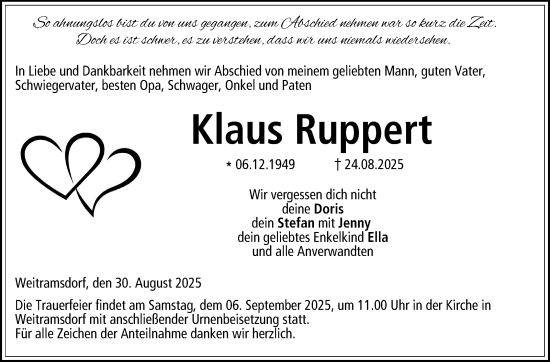 Traueranzeige von Klaus Ruppert von Neue Presse Coburg